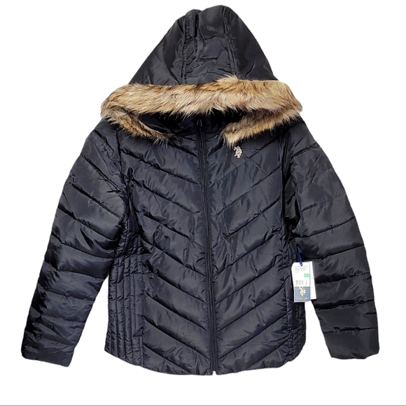 US POLO ASSN Women's Hooded Puffer Jacket Black Large - Picture 1 of 9